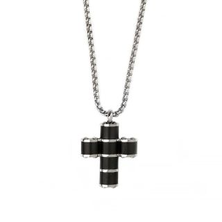 Men's stainless steel black cross in oval design with matte and glossy details and chain Men's stainless steel black cross in oval design with matte and glossy details and chain