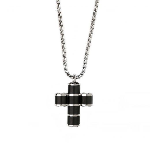Men's stainless steel black cross in oval design with matte and glossy details and chain