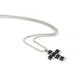 Men's stainless steel black cross in oval design with matte and glossy details and chain - 