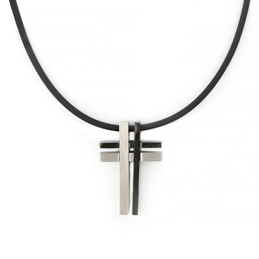 Men's stainless steel double two tone cross matte glossy and rubber