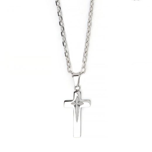 Men's stainless steel glossy cross, with three-dimensional cross in the center and chain