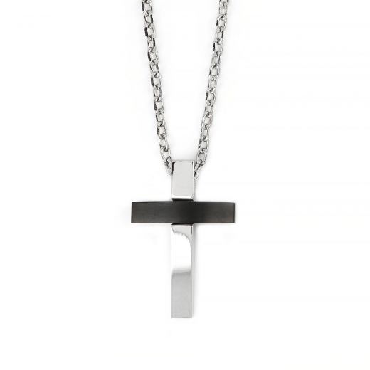 Men's stainless steel glossy two tone cross in curved shape and chain