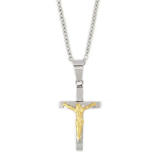 Ανδρικός σταυρός ατσάλινος γυαλιστερός λευκό-χρυσό με τον Εσταυρωμένο και αλυσίδα