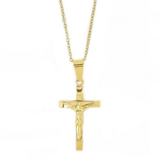 Unisex  stainless steel glossy cross gold plated with the Crucified Christ and chain