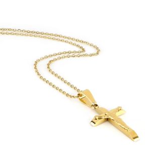 Unisex  stainless steel glossy cross gold plated with the Crucified Christ and chain - 