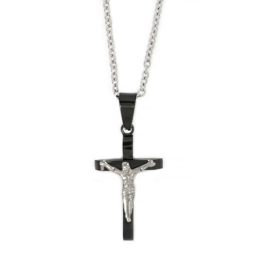 Ανδρικός σταυρός ατσάλινος γυαλιστερός μαύρος λεπτός με τον Εσταυρωμένο με αλυσίδα