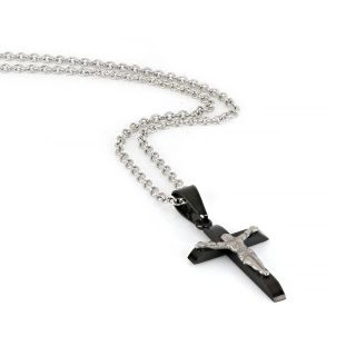 Ανδρικός σταυρός ατσάλινος γυαλιστερός μαύρος λεπτός με τον Εσταυρωμένο με αλυσίδα - 