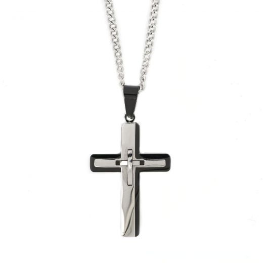 Men's stainless steel glossy cross black with white details with a little cross in the center and chain