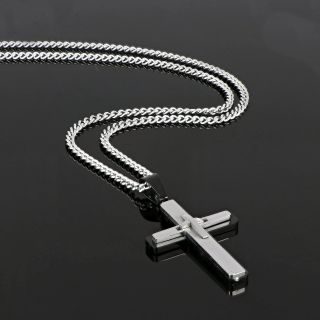 Ανδρικός σταυρός ατσάλινος γυαλιστερός μαύρος με λευκές λεπτομέρειες με μικρό σταυρό στο κέντρο και αλυσίδα - 
