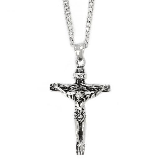 Ανδρικός σταυρός ατσάλινος λευκός σκαλιστός με τον Εσταυρωμένο και αλυσίδα