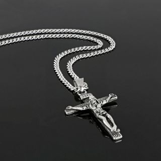 Ανδρικός σταυρός ατσάλινος λευκός σκαλιστός με τον Εσταυρωμένο και αλυσίδα - 