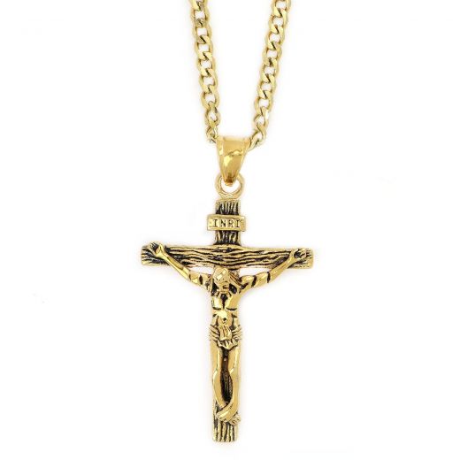 Men's stainless steel cross gold plated  engraved , with the Crucified Christ and chain