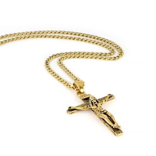 Men's stainless steel cross gold plated  engraved , with the Crucified Christ and chain - 