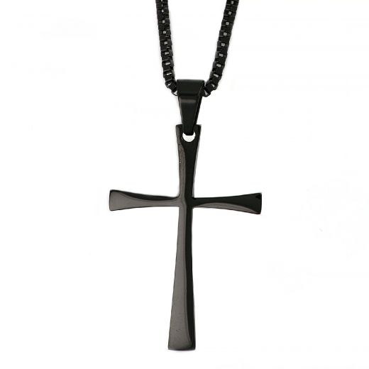 Ανδρικός σταυρός ατσάλινος μαύρος λεπτός με γυαλιστερή επιφάνεια και αλυσίδα