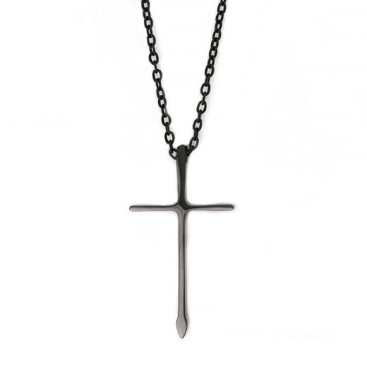 Men's stainless steel black thin elongated cross and chain