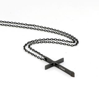 Men's stainless steel black thin elongated cross and chain - 