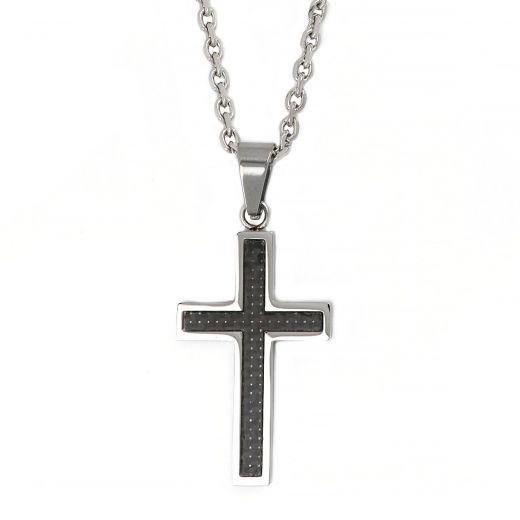 Men's stainless steel cross with black carbon fiber and chain