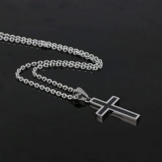 Men's stainless steel cross with black carbon fiber and chain - 