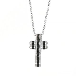 Men's stainless steel black and white cross with curvy surface and chain Men's stainless steel black and white cross with curvy surface and chain