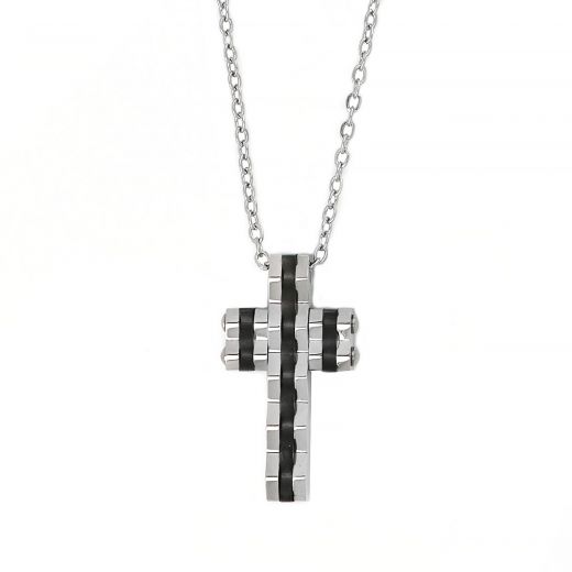 Men's stainless steel black and white cross with curvy surface and chain