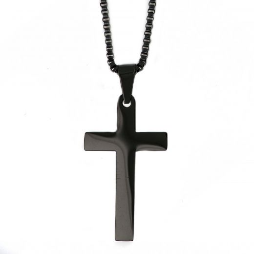 Ανδρικός σταυρός ατσάλινος μαύρος με γυαλιστερή επιφάνεια και αλυσίδα