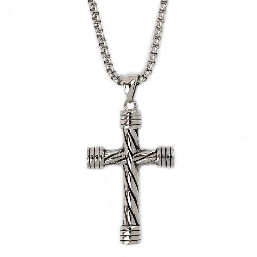 Men's stainless steel cross with twisted rope design and chain