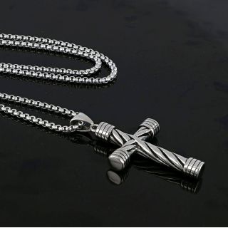 Men's stainless steel cross with twisted rope design and chain - 