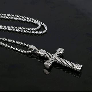 Men's stainless steel cross with twisted rope design and chain - 
