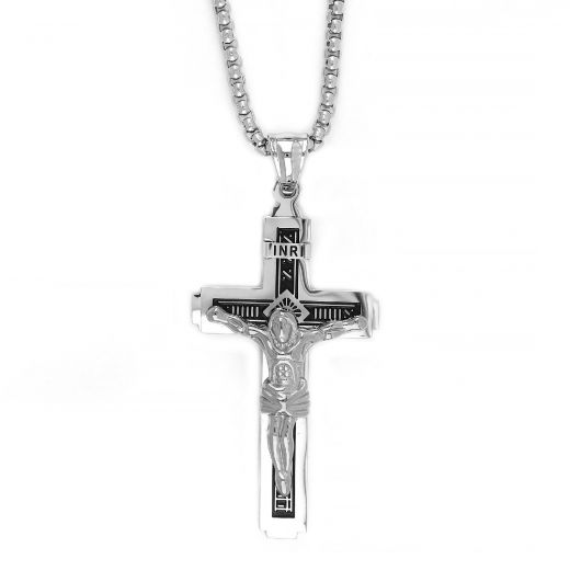 Ανδρικός σταυρός ατσάλινος ασπρόμαυρος με τον Εσταυρωμένο και αλυσίδα