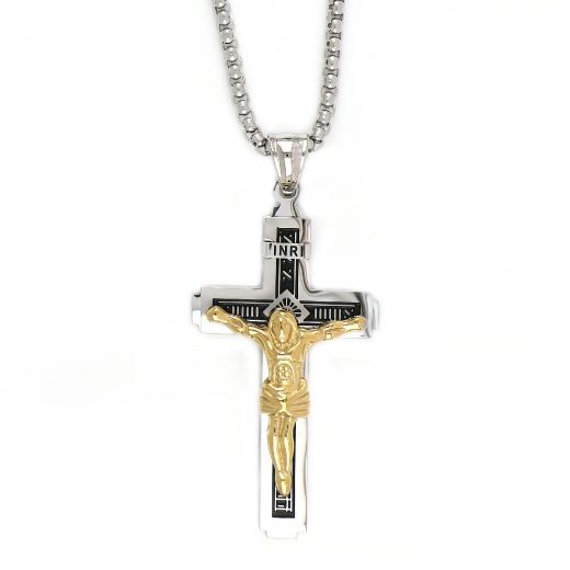 Ανδρικός σταυρός ατσάλινος ασπρόμαυρος με επίχρυσο Εσταυρωμένο και αλυσίδα