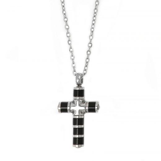 Men's stainless steel black and white curvy cross and chain