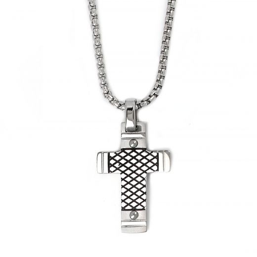 Men's stainless steel cross with black lines and chain