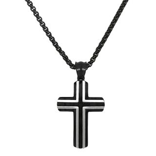 Cross made of stainless steel black with white vertical and horizontal lines with chain Cross made of stainless steel black with white vertical and horizontal lines with chain