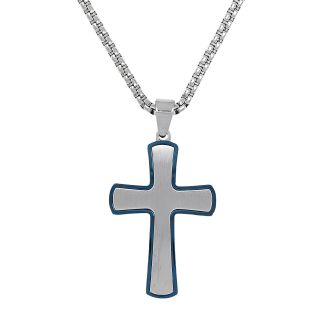 Cross made of stainless steel with blue border with chain Cross made of stainless steel with blue border with chain