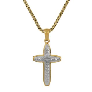 Cross made of stainless steel with gold border and meander with chain Cross made of stainless steel with gold border and meander with chain