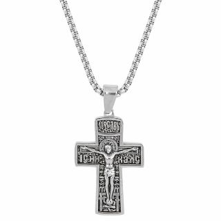 Cross made of stainless steel with the Crucified Christ as embossed design Cross made of stainless steel with the Crucified Christ as embossed design