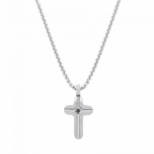 Men's steel cross with black zircon and chain