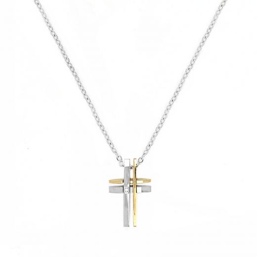 Unisex cross steel two-tone silver gold with zircon with chain