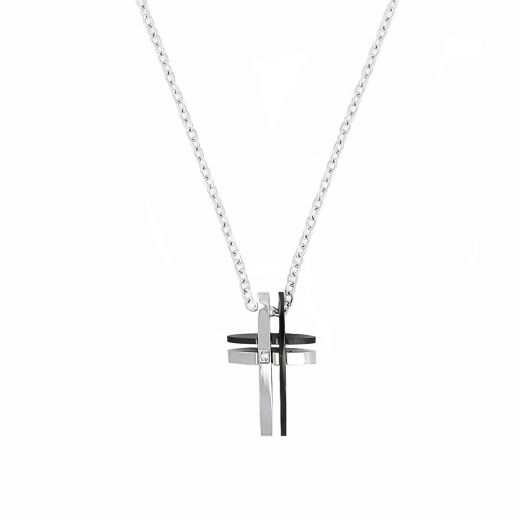 Unisex cross steel two-tone silver black with zircon with chain
