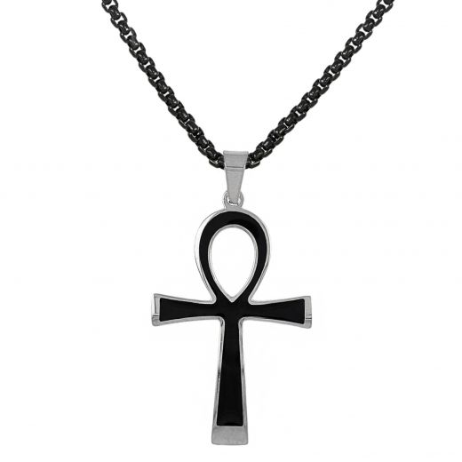 Unisex two-tone black and silver steel cross and black stainless steel chain