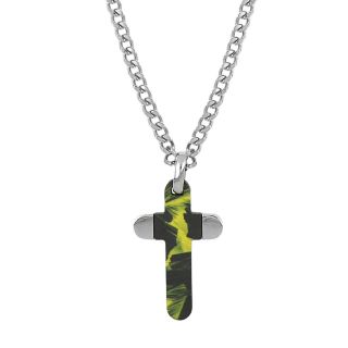 Men's stainless steel cross with green carbon fiber and chain Men's stainless steel cross with green carbon fiber and chain