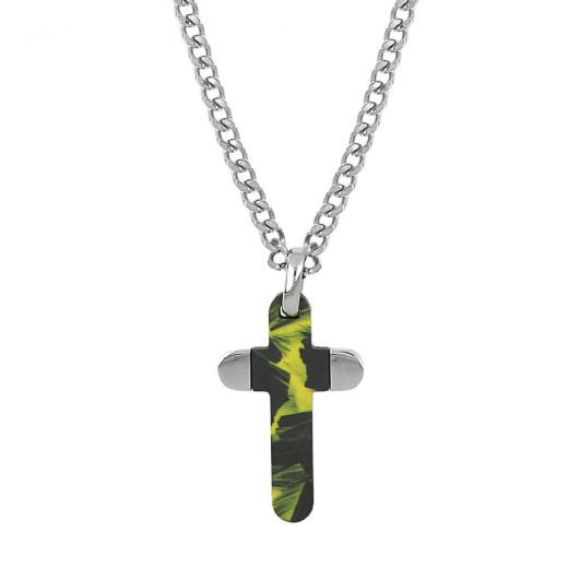 Men's stainless steel cross with green carbon fiber and chain