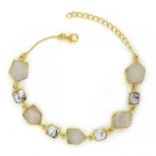 925 Sterling Silver bracelet gold plated with Rainbow Moonstone and Black Rutile