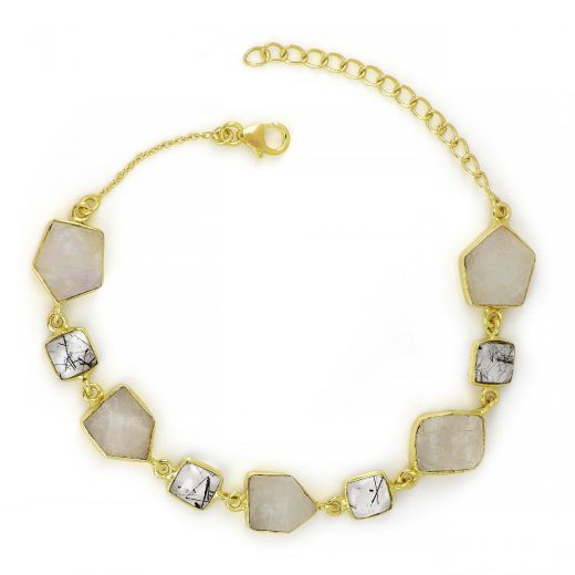 925 Sterling Silver bracelet gold plated with Rainbow Moonstone and Black Rutile