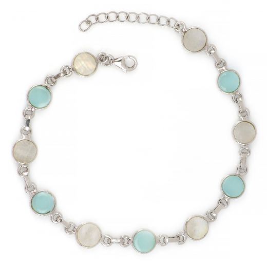 925 Sterling Silver  bracelet rhodium plated with Rainbow Moonstone and Aqua Chalcedony