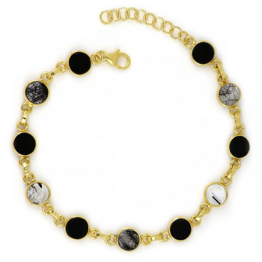 925 Sterling Silver  bracelet gold plated with Black Onyx and Black Rutile