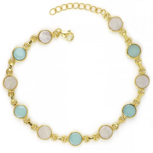 925 Sterling Silver  bracelet gold plated with Rainbow Moonstone and Aqua Chalcedony