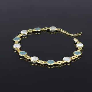 925 Sterling Silver  bracelet gold plated with Rainbow Moonstone and Aqua Chalcedony - 
