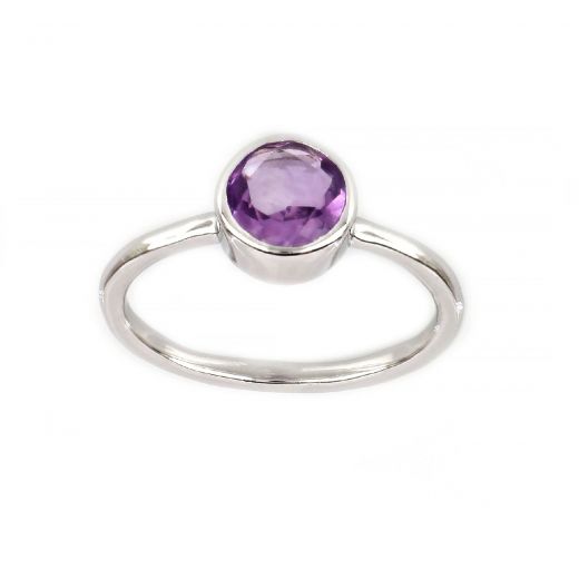 925 Sterling Silver  ring rhodium plated with round Amethyst