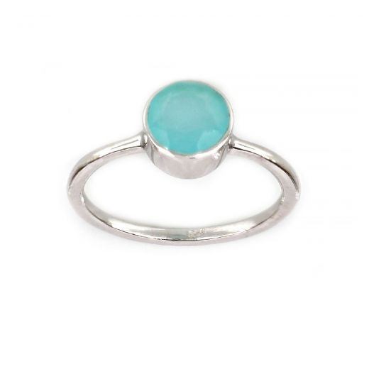 925 Sterling Silver  ring rhodium plated with round Aqua Chalcedony